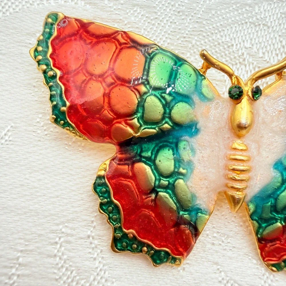 Vintage Orange, Cream, & Green Enamel Gold Tone Butterfly Moth Pin w/ Green Eyes